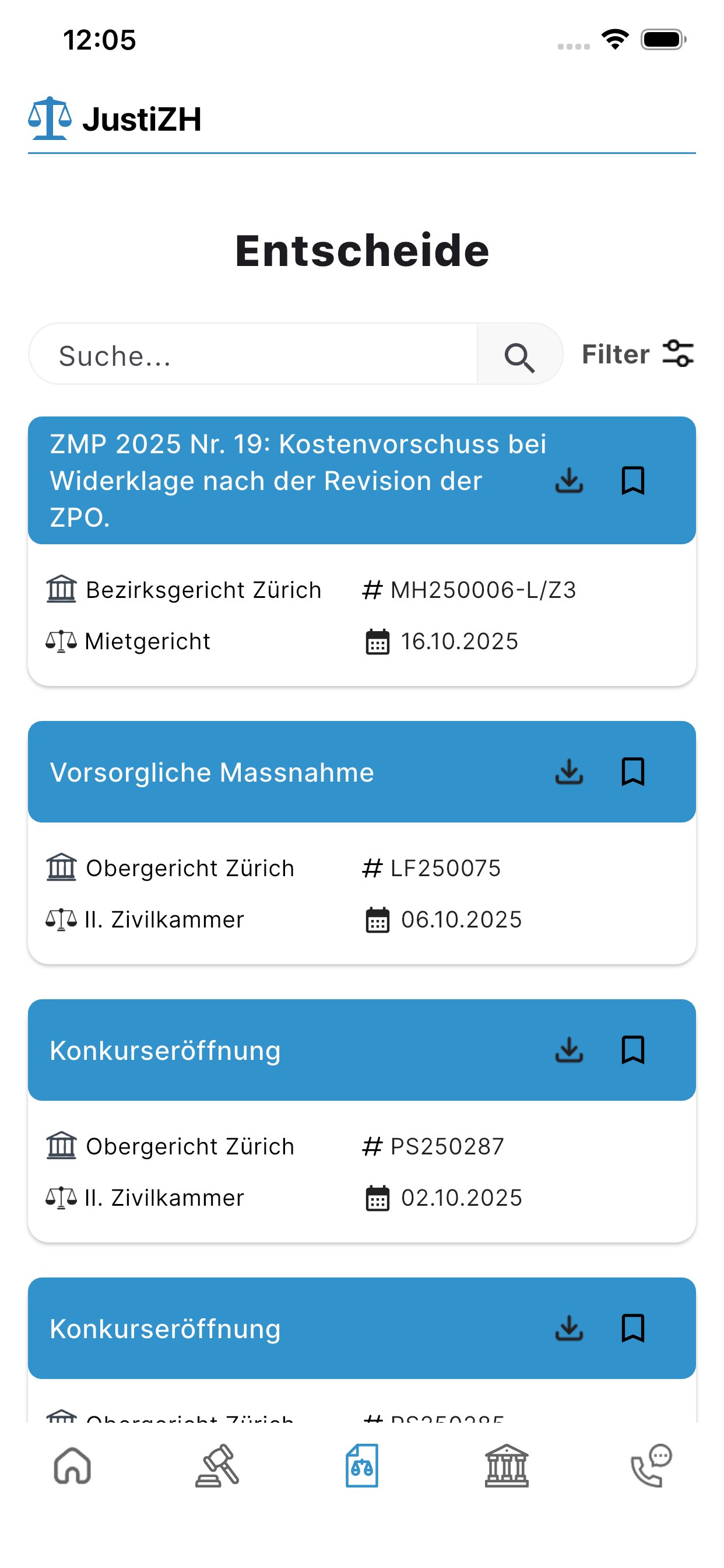 Bildschirm Entscheide: publizierte Entscheide mit Titel, Gericht, Kammer, Geschäftsnummer und Datum