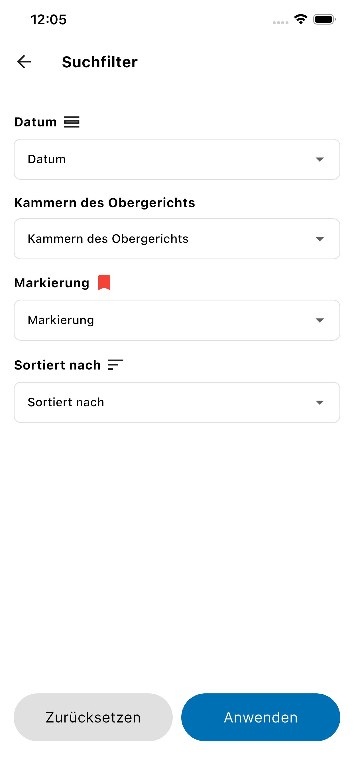 Bildschirm Suchfilter für Entscheide: Datum, Kammern des Obergerichts, Markierung und Sortierung