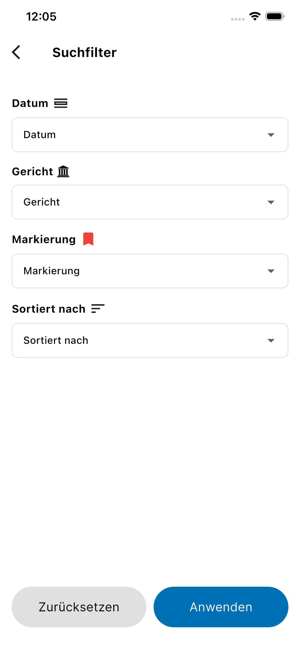 Bildschirm Suchfilter für Verhandlungen: Datum, Gericht, Markierung und Sortierung
