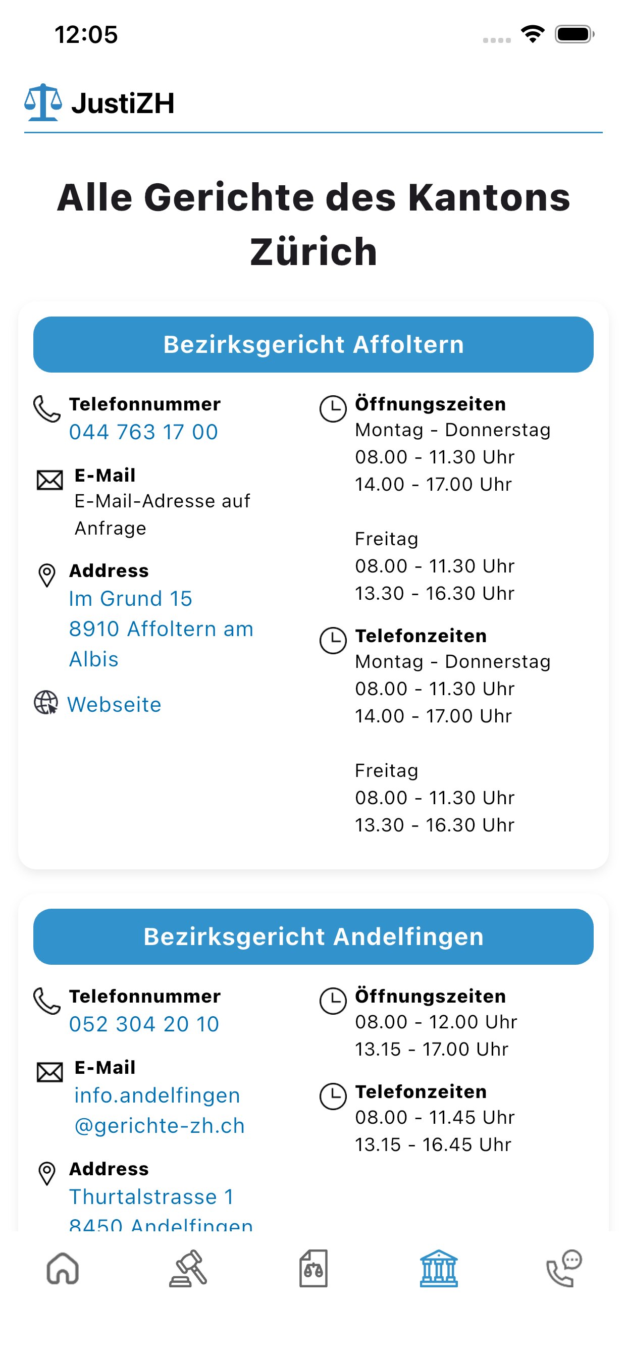 Bildschirm Gerichtsverzeichnis: Bezirksgerichte mit Telefon, E-Mail, Adresse, Website, Öffnungs- und Telefonzeiten